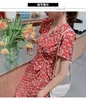 Summer Women Floral Print V-Neck Boho Long Chiffon Dress Ruffles Wrap Casual Slim Split Sexy Party Robe 210519