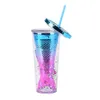350ml AS Double-layer Plastic Tumbler Gradient Color Mermaid Tail Electroplated Sequined Water Cups with Straws sea shipping RRB13240
