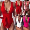 Sexig V Neckwear One Piece Swimsuit High Waist Strap Bikinis Badkläder 2020 Bandage Women Monokini Backless Barher Beachwear Y0820