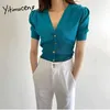 Yitimuceng, camisetas abotonadas para mujer, camisetas con mangas abullonadas, camisetas Unicolor blancas, azules y negras, camisetas de punto para oficina de verano para mujer 210601