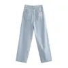 Frauen Chic Mode Zerrissene Detail Breite Bein Jeans Vintage Hohe Taille Zipper Fly Weibliche Knöchel Denim Hosen Mujer 210521