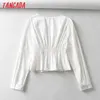Tangada Frauen Retro Weiß Plissee Tunika Crop Shirt Frühling Chic Weibliche Dünne Hemd Tops FE05 210609