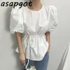 Bluzki Koszulki Damskie Odzież Chic Casual Summer Wild Lace Up O Neck Puff Krótki Rękaw Biała Bluzka Kobiety Luźne Topy 210610