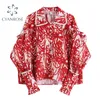 Vintage pärla blouses och tröjor för damer stilig röd tryck elegant Hong Kong stil lapel cardigan chic knäppas ins blusas toppar 210417