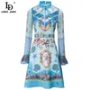 Summer Fashion Runway Dress Donna manica lunga in pizzo patchwork eleganti abiti corti con stampa blu sottomarina 210522