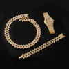 Hip Hop 1Kit 20MM Montre + Collier + Bracelet Strass Glacés Lourds Prong Chaîne Cubaine CZ Bling Rappeur Colliers Pour Hommes Bijoux