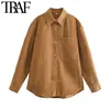TRAF femmes mode avec poches surdimensionnées en velours côtelé Blouses Vintage à manches longues bouton pression femmes chemises Chic hauts 210415