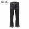 Vintage Patchwork Flare Jeans Urban Men Streetwear Wide Leg Denim Pant Hip Hop Black ColorBlock Slim Fit For 220118