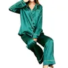 Autumn Women Turn-down Collar Pajamas Set Silk Satin Full Sleeve Tops+Pants 2 Pieces Sleepwear Pajama Plus Size 5XL 210901