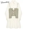 Yitimuceng patchwork button jurk vrouwen A-lijn mini-witte lente vierkante kraag lange mouw hoge taille kledingkantoor dame 210601