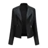 고품질 봄 가을 여성 블랙 PU 가죽 느슨한 턴 다운 칼라 지퍼 패션 여성의 야생 기관차 재킷 211011