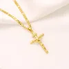Italian inri Jesus Crucifix Cross Pendant Figaro Link Chain Necklace 9k Yellow Solid Gold GF 60cm 3mm Womens Mens