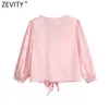 Women Elegant V Neck Hem Bowknot Casual Short Shirt Female Pleats Puff Sleeve Kimono Blouse Roupas Chic Satin Tops LS9214 210416