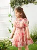 Peuter Meisjes Floral Print FRILL Trim Puff Sleeve Organza Jurk Zij