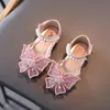 Sandals Princess Kids Leather Shoes For Girls Flower Casual Glitter Children High Heel Butterfly Knot Blue Pink Silver