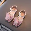 Sandalen Prinses Kinderen Leren Schoenen Voor Meisjes Bloem Casual Glitter Kinderen Hoge Hak Vlinder Knoop Blauw Roze Zilver