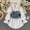 Trabalho vestidos mulheres chiques ternos moda diamante-cravejado de manga comprida branca camisa elegante blusa + borla pérola colete Denim dois pedaço conjunto