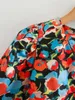 Vrouwen vintage v-hals bloem print kant geplooide trekkoord slanke mini-jurk vrouwelijke lange mouw gebreide vestido chic jurken DS4138 210603