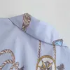 Za Cropped Print Summer Top Women Vintage Short Sleeve Front Knot Shirt Feminine Fashion Side Zip Fitted Blue Shirts 210602