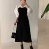 Coreano elegante color bloqueado mujeres vestido largo primavera falso dos piezas de un solo pecho con cinturón con cuello en V Vestidos Vestidos Mujer 210513