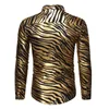 Męskie lata 70. Metallic Gold Zebra Disco Shirt Marka Slim Fit Długim Rękawem Męskie Sukienka Koszule Party Prom Stage Chemise 210522