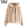 TRAF mujeres moda Faux Fur Teddy sudaderas con capucha sueltas Vintage manga larga bolsillos mujer pulóveres Chic Tops 210415