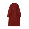 Vintage rode lange wollen jas vrouwen herfst winter single breasted pocket jas uitloper vrouwelijke Koreaans Oversize outcoat 210417
