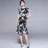 Letnia Moda Kobiety Krótki Rękaw Fishtail Flower Print Dres Bodycon Party Sukienki z pasem 210531