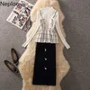 Çalışma Elbiseleri Neploe Moda 3 Parça Set Kadın Ince Kazak Yünlü Ekose Yelek Yüksek Bel Bodycon Etek Kore Örgü Takım Femme Roupas Durdur