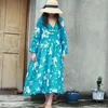 Johnature Jesień Vintage Drukuj Kwiatowy Dress V-Neck Z Długim Rękawem Pościel Kobieta Odzież Chiński Styl Przycisk Plisowana sukienka 210521