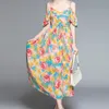 デザイナースタイルの花プリントフリルバタフライ半袖花夏のカジュアルマキシプリーツドレスBoho Robe Vestidos 210421