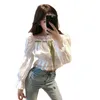 İlkbahar Sonbahar kadın Bluz Retro Katı Renk Straplez Puf Kollu Üst Kore Tarzı Zayıflama Kısa Kadın Tops LL184 210506