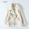 Kobiety Faux Soft Leather Lamb Fur Kurtka Luźna Płaszcz Zima Ciepłe Jagnięta Wełna Moto Zipper Turndown Collar Outwear 210430