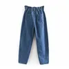 Mode élastique taille haute jeans femmes streetwear bleu denim pantalon poches décontractées plissé maman pleine longueur pantalon 210515