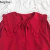 Neploe Japanses Blusas Mujer De Moda Sweet Ruffles Camicette Donna Colletto Peter Pan Lace Up Tinta unita Camicetta Top Donna 210422