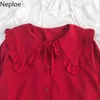 Neploe Japanses Blusas Mujer de Moda Sweet Ruffles Bluzki Kobiety Peter Pan Collar Lace Up Solid Color Bluzki Topy Kobiet 210422