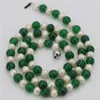 Colocación de perlas naturales blancas de 7-8mm, collar redondo de Calcedonia de ónix verde de 8mm, cadena larga para suéter, cuentas, joyería entera de 25 pulgadas