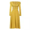 moda outono escritório senhora vestido feminino vintage elegante amarelo ol trabalho vestido v-pescoço de manga longa alta cintura MIDI 210519