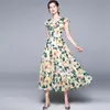 Sommardesigner Vacation Dress Kvinnors V-hals Ruffles Fashion Yellow Camellia Print A-Line Maxi Dresses Fiesta 210421