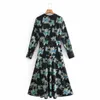 Women Flower Printing V Neck Bow Tie Midi Dress Female Long Sleeve Clothes Casual Loose Vestido D6902 210430