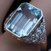 Luxury Female Aqua Blue Crystal Ring Dainty Silver Color Big Wedding Rings For Women Vintage Bride Square Zircon Engagement