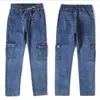 Jeans da uomo a vita alta dritti pantaloni Dinem di grandi dimensioni Jeans neri maschili multitasche laterali pantaloni cargo con fascia elastica allentata blu 211120