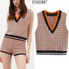 Printemps Jacquard Tricoté Plaid Femmes Gilet Vintage Contraste Côtelé Col V Sans Manches Gilets Courts Femme Pull 210519