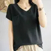 夏のカジュアルな半袖Tシャツの女性VネックルーズソリッドニットTシャツの女性の薄いプラスサイズのティーシャツBlusas 14648 210528