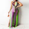 Halter Backless Abstract Striped Jumpsuit Slit Wide Leg Romper Overalls 210521