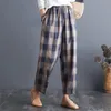 Spring Automne Arts Style Femmes Taille élastique Vintage pantalon lâche en coton Plaid Plaid Casual Harem Plus Taille S38 210512