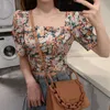 Vintage Puff Slevee Floral Blus Sommar Square Collar Kvinnor Kort Designer Toppar Vår Casual Korean Kläder Ladies 210604