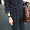 Jesień Koreański Office Women Blazer Spodnie Garnitury Ustawia Lace-UP + Szeroki Noga Karusterza Stroje Waries Workwear 210518