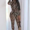 Dames Jumpsuits Rompertjes Dames Sexy Mesh Sheer Bodycon Lange Mouw Geometrische Gedrukt Casual One Piece 2021 Club Kleding