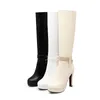 Boots Faux Leather Women Fashion All Match Knee High Winter Platform Heel Shoes Black White Apricot 2022